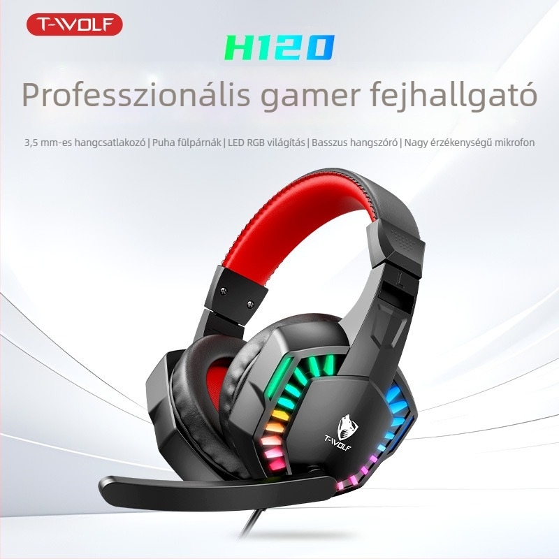 Thunderwolf H120 játékfejhallgató vezetékes PC-höz, mikrofonnal, 40 mm hangszórókkal, USB + 3,5 mm csatlakozóval, 1,7 m-kábel