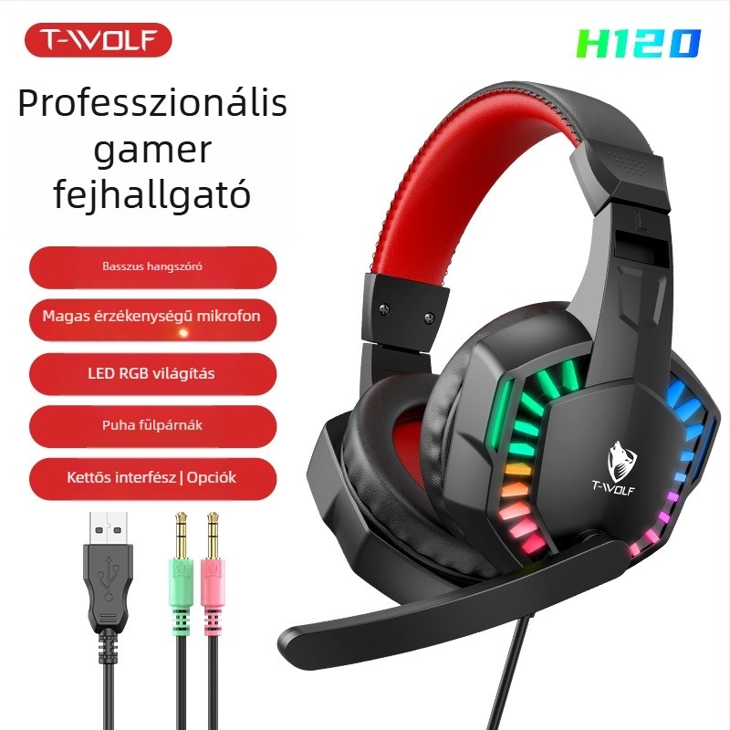 Thunderwolf H120 játékfejhallgató vezetékes PC-höz, mikrofonnal, 40 mm hangszórókkal, USB + 3,5 mm csatlakozóval, 1,7 m-kábel