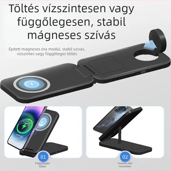Összehajtható mágneses vezeték nélküli töltő – 3 az 1-ben, független tekercsekkel, egyidejű töltés telefon 15W, óra 2,5W, fülhallgató 5W