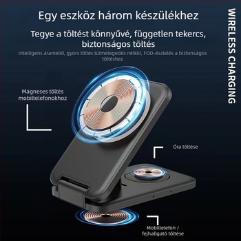 Összehajtható mágneses vezeték nélküli töltő – 3 az 1-ben, független tekercsekkel, egyidejű töltés telefon 15W, óra 2,5W, fülhallgató 5W