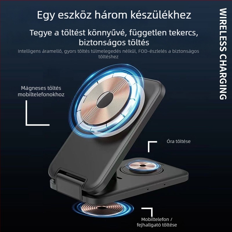 Összehajtható mágneses vezeték nélküli töltő – 3 az 1-ben, független tekercsekkel, egyidejű töltés telefon 15W, óra 2,5W, fülhallgató 5W