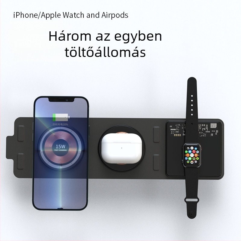 3 az 1-ben átlátszó asztali vezeték nélküli töltő, összecsukható, 15W gyorstöltés, mágneses töltés, digitális kijelző, modell T01