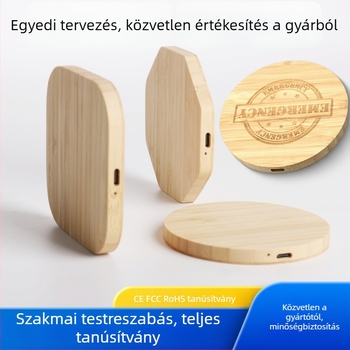 Bambusz- és tömörfa vezeték nélküli töltő, 15W, QC3.0, asztali kivitel, kompatibil Apple és Android