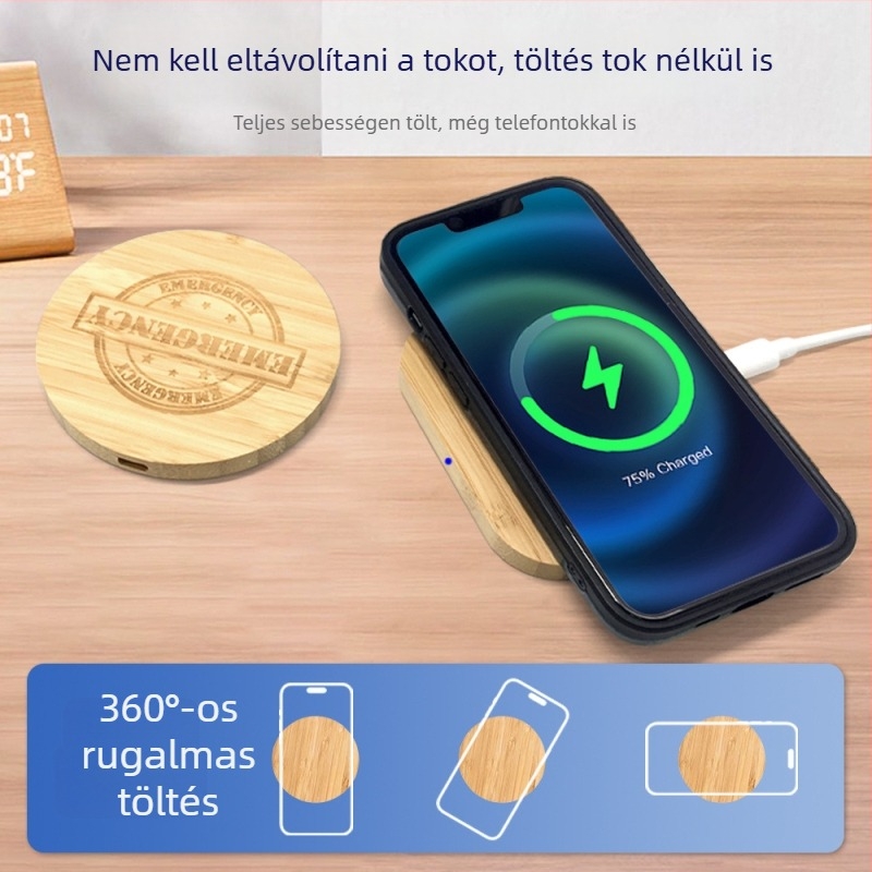 Bambusz- és tömörfa vezeték nélküli töltő, 15W, QC3.0, asztali kivitel, kompatibil Apple és Android