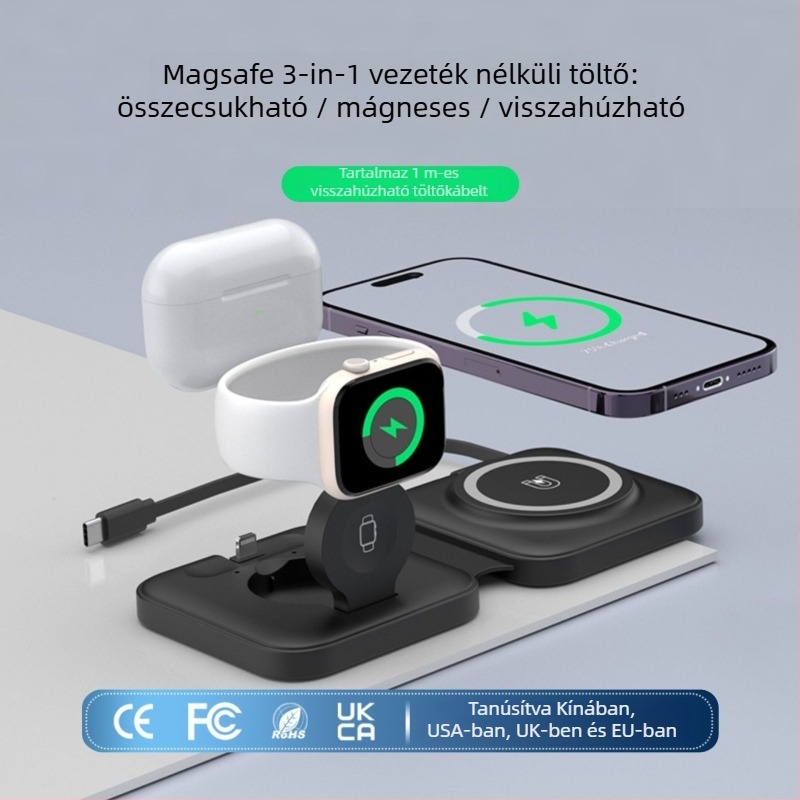 Három az egyben vezeték nélküli töltő Apple MagSafe-hez, kompakt utazási hajtogatható kialakítás, kihúzható kábel, 15W kimenet, QC3.0