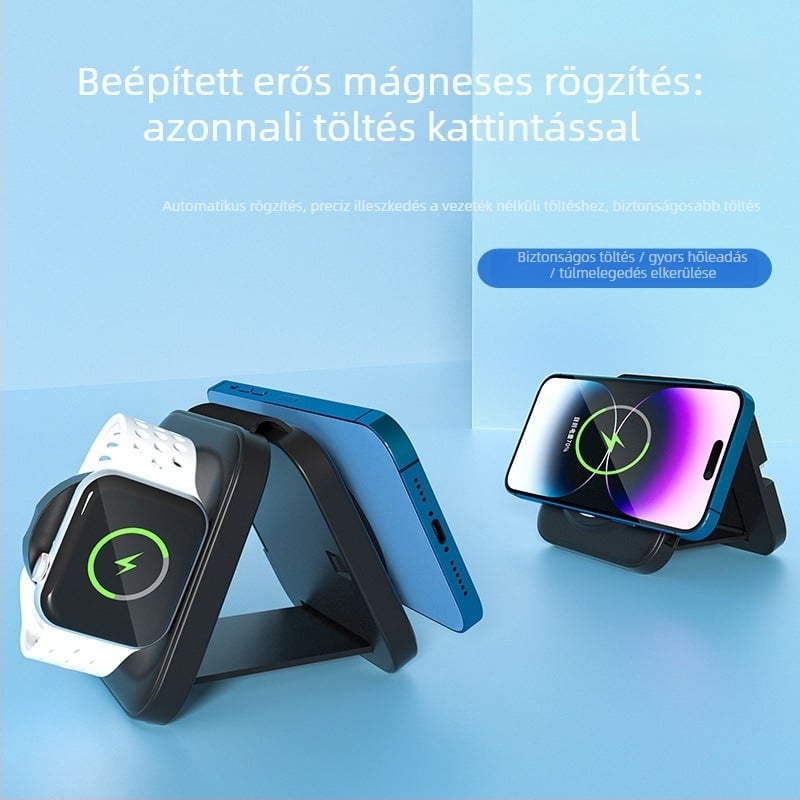 Három az egyben vezeték nélküli töltő Apple MagSafe-hez, kompakt utazási hajtogatható kialakítás, kihúzható kábel, 15W kimenet, QC3.0