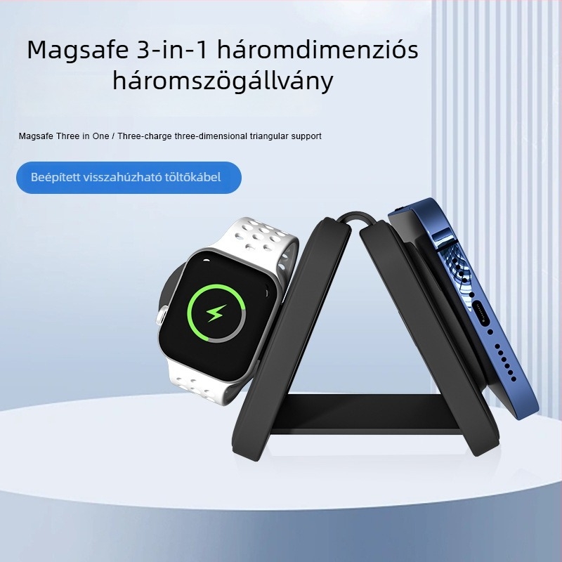Három az egyben vezeték nélküli töltő Apple MagSafe-hez, kompakt utazási hajtogatható kialakítás, kihúzható kábel, 15W kimenet, QC3.0