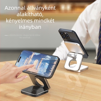 qi2 Hármas funkciójú mágneses vezeték nélküli töltő alumínium ötvözetből, asztali telefon-tartóval, 15W, QC protokollal, 2A