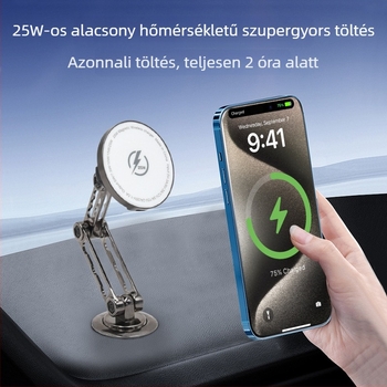 Qi2.2 vezeték nélküli töltő cink-ötvözetű robotkaros telefon-tartóval, MagSafe mágneses töltés, 25W PD