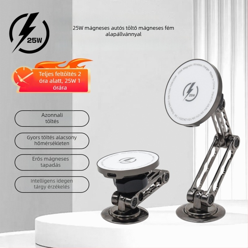Qi2.2 vezeték nélküli töltő cink-ötvözetű robotkaros telefon-tartóval, MagSafe mágneses töltés, 25W PD