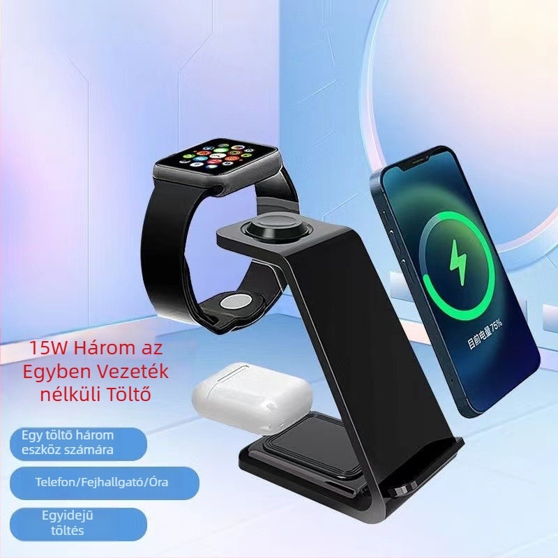 MagSafe vezeték nélküli töltő kettős tekercseléssel, 15W, 3-in-1 mágneses igazítás, kompatibilis Apple és Huawei telefonokkal