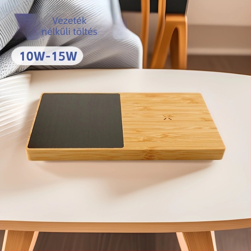 Kétfunkciós bambusz bögramelegítő és vezeték nélküli töltő — Type-C, 10W/15W, QC3.0