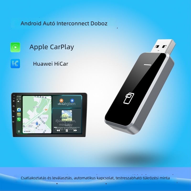Android autórendszerhez két‑az‑egyre összekapcsoló modul a vezeték nélküli CarPlayhez és Huawei HiCarhoz; modell Z6-ad; USB interfész; súly 50 g; elektroplattált ház