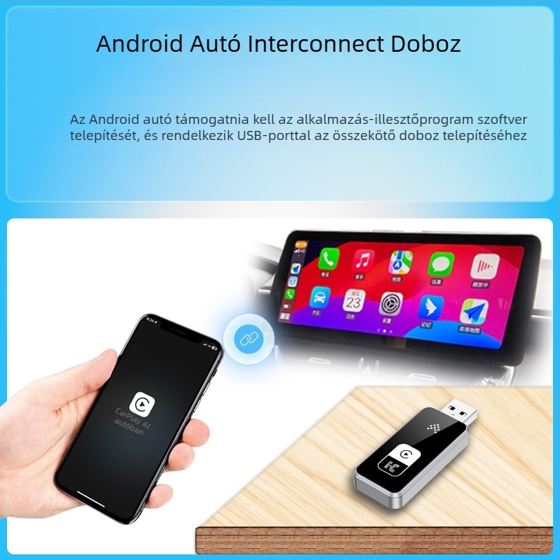 Android autórendszerhez két‑az‑egyre összekapcsoló modul a vezeték nélküli CarPlayhez és Huawei HiCarhoz; modell Z6-ad; USB interfész; súly 50 g; elektroplattált ház