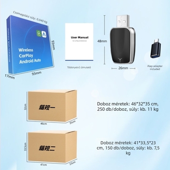 CarPlay vezeték nélküli adapter modul PM-KPL075, nyolcmagos CPU, 2GB RAM, 16GB tárhely, USB-C interfész