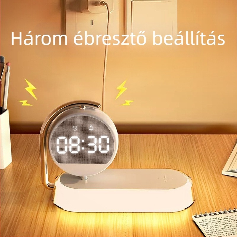Vezeték nélküli telefontöltő nyomtatható logóval — 3 az 1-ben éjjeli asztali lámpa órával és ébresztővel, digitális kijelző, 15W QC3.0