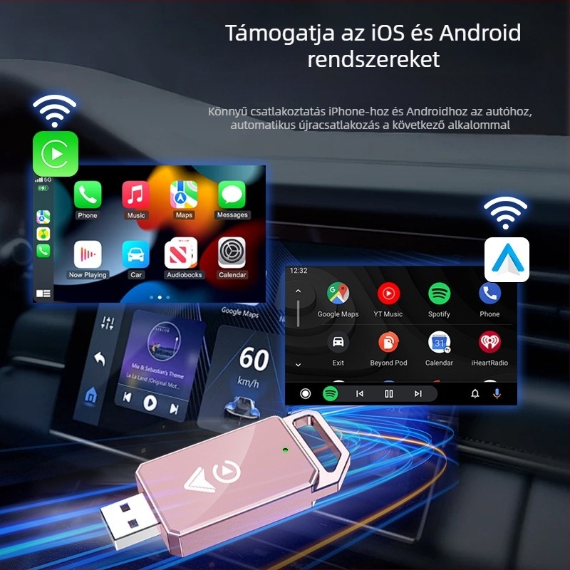 CarPlay vezeték nélküli autó adapter, modell 4129, USB-C/USB interfész, alumíniumötvözet + TPU, tömeg 50 g, kompatibil CarPlay vagy hangrendszer