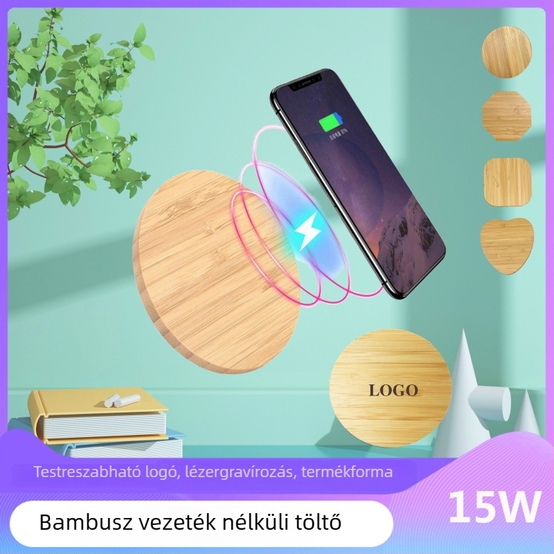 Masszív faanyagú vezeték nélküli töltő, asztali modell, 15W gyors töltés, PD20W/QC3.0, 3A kimenet, logó nyomtatási lehetőség, kompatibilis az iPhone 17-tel