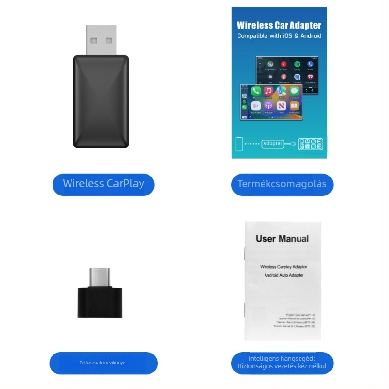 Vezeték nélküli CarPlay adapter autókhoz – modell B17P, kétmagos CPU, Android operációs rendszer, USB interfész, repülőgép-alumínium tokozás