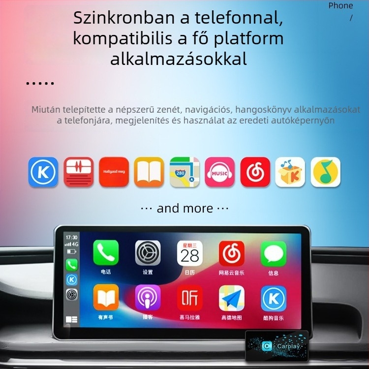 CarPlay adapter C8, négymagos processzor, 1 GB RAM, USB interfész, az eredeti kábeles CarPlay összekapcsolásához