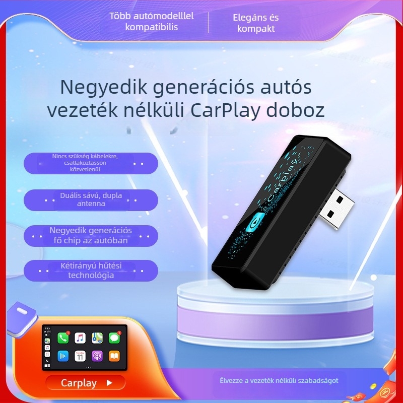 CarPlay adapter C8, négymagos processzor, 1 GB RAM, USB interfész, az eredeti kábeles CarPlay összekapcsolásához