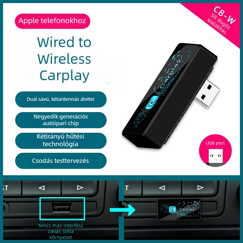 CarPlay adapter C8, négymagos processzor, 1 GB RAM, USB interfész, az eredeti kábeles CarPlay összekapcsolásához