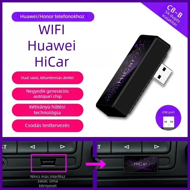 CarPlay adapter C8, négymagos processzor, 1 GB RAM, USB interfész, az eredeti kábeles CarPlay összekapcsolásához