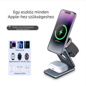 Három az egyben alumíniumötvözetes vezeték nélküli töltő Apple és Samsung órákhoz, összecsukható fém állvánnyal (AK09; Bemenet 2000; Kimenet 1.5; Töltőáram 2100 mA; CE/FCC/ROHS)
