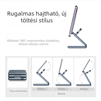 Három az egyben alumíniumötvözetes vezeték nélküli töltő Apple és Samsung órákhoz, összecsukható fém állvánnyal (AK09; Bemenet 2000; Kimenet 1.5; Töltőáram 2100 mA; CE/FCC/ROHS)