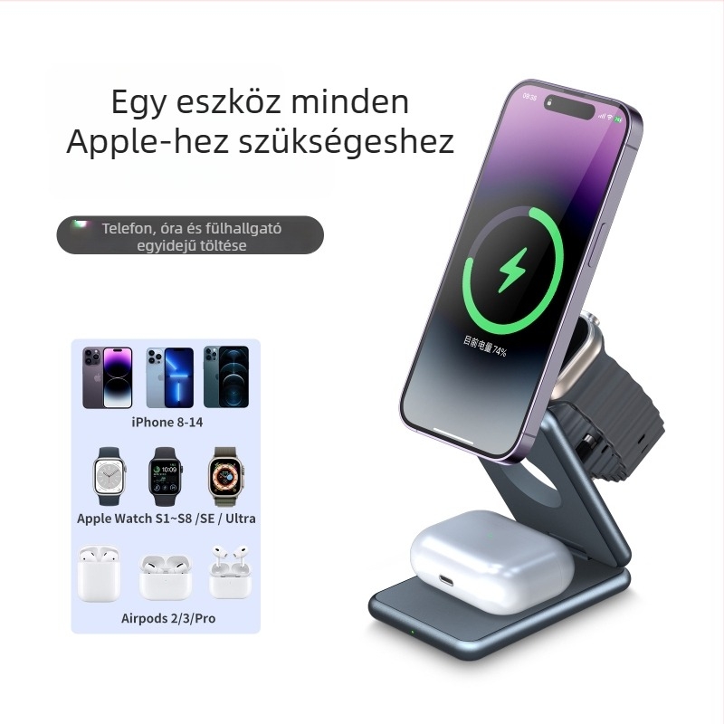 Három az egyben alumíniumötvözetes vezeték nélküli töltő Apple és Samsung órákhoz, összecsukható fém állvánnyal (AK09; Bemenet 2000; Kimenet 1.5; Töltőáram 2100 mA; CE/FCC/ROHS)