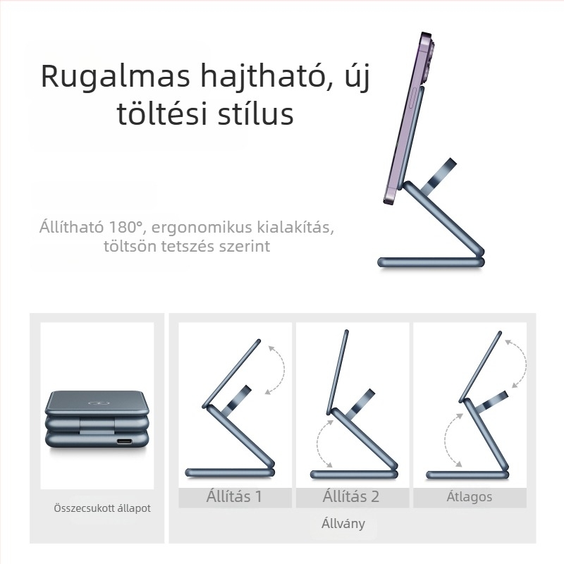 Három az egyben alumíniumötvözetes vezeték nélküli töltő Apple és Samsung órákhoz, összecsukható fém állvánnyal (AK09; Bemenet 2000; Kimenet 1.5; Töltőáram 2100 mA; CE/FCC/ROHS)
