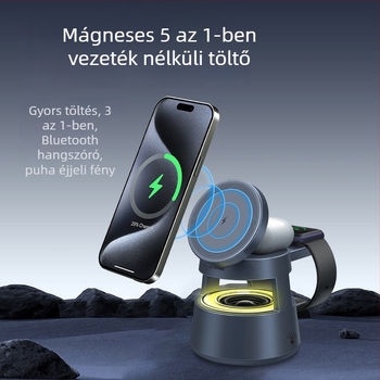 Öt az egyben mágneses vezeték nélküli töltő iPhone-ra, fülhallgatókra, órára, Bluetooth hangszóróra és éjjeli lámpára – telefon 15W, fülhallgató/óra 3W, összesen 21W, QC 3.0 gyors töltés