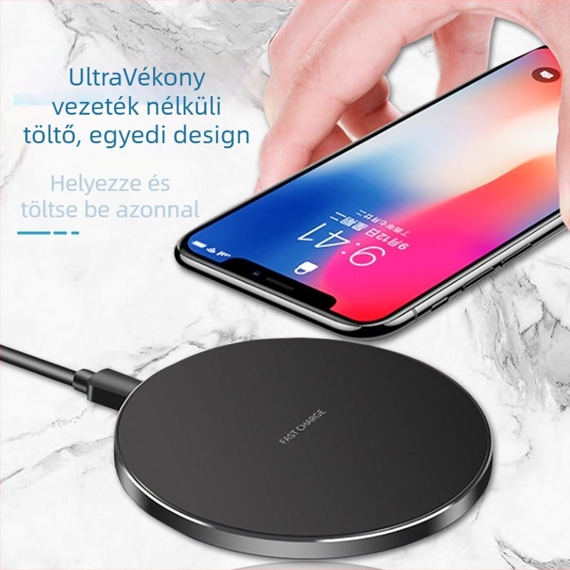 Vezeték nélküli töltő korong, 15W PD gyorstöltés, Apple-kompatibilis, Ultra vékony, Asztali kerek töltőpad