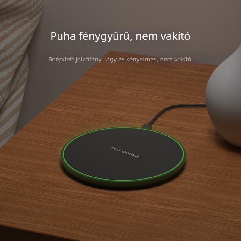 Vezeték nélküli töltő korong, 15W PD gyorstöltés, Apple-kompatibilis, Ultra vékony, Asztali kerek töltőpad