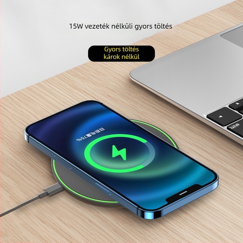 Vezeték nélküli töltő korong, 15W PD gyorstöltés, Apple-kompatibilis, Ultra vékony, Asztali kerek töltőpad