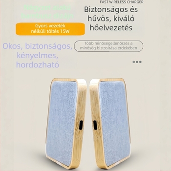Négyzet alakú bambusz vezeték nélküli asztali töltő, 15W gyors töltés, textil felület, USB töltés, mágneses töltés támogatott