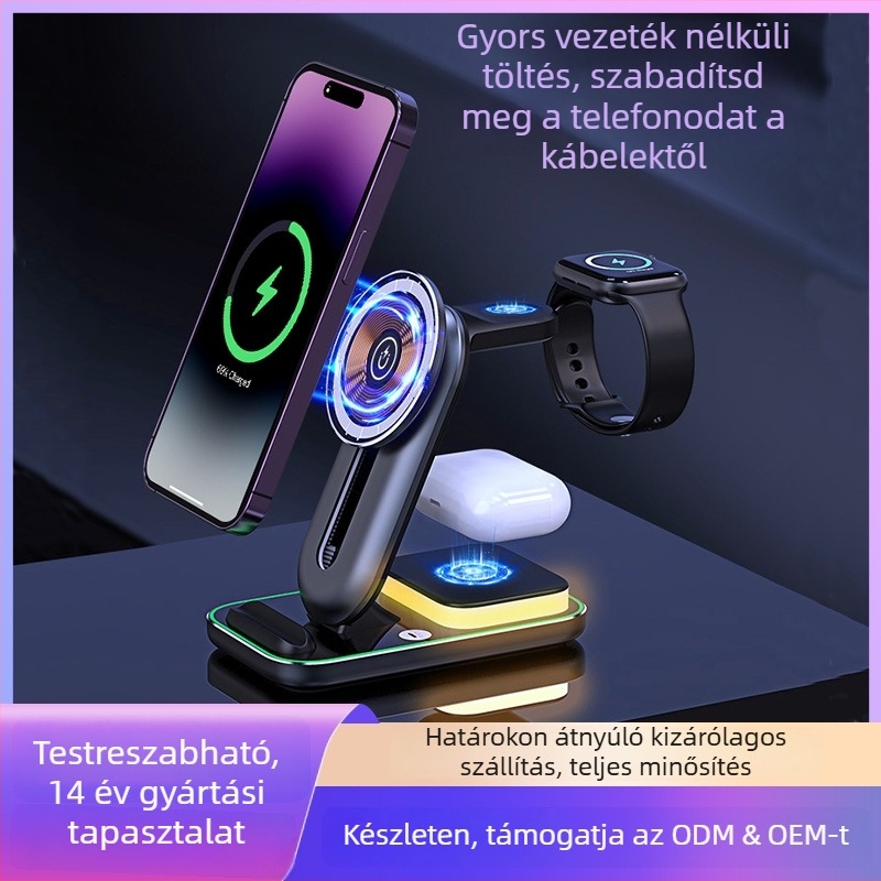 3 az 1-ben mágneses vezeték nélküli töltő állítható asztali tartóval, QC3.0 gyors töltés, 15W kimenet