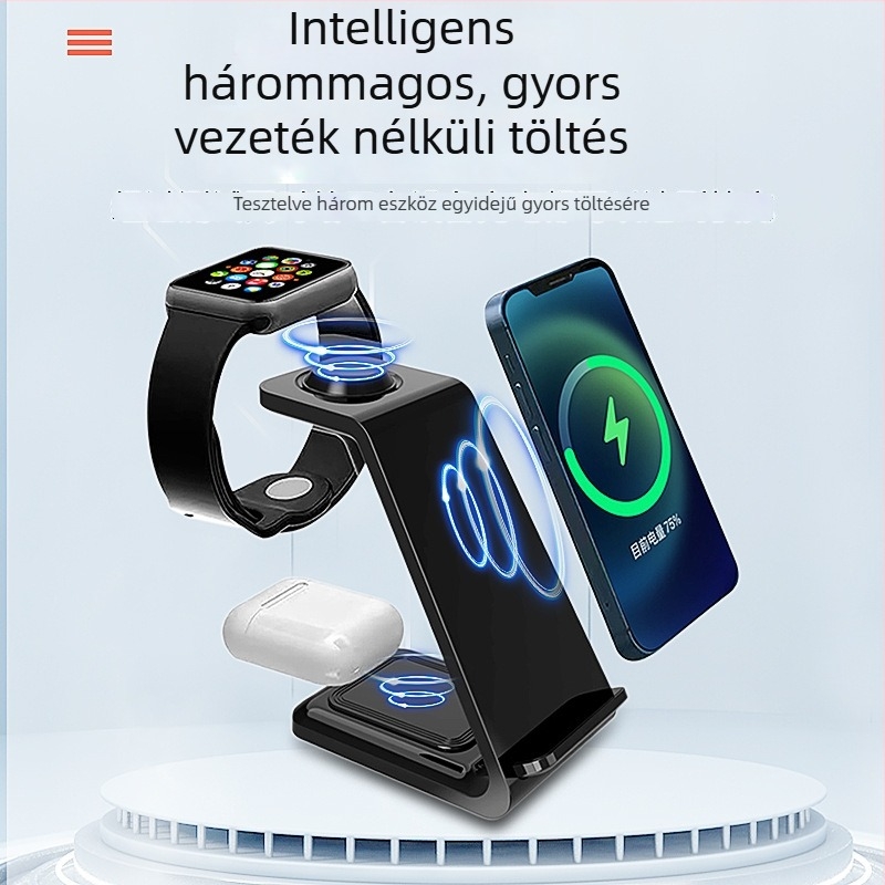 Függőleges 3-in-1 vezeték nélküli gyors töltő Apple és Android telefonokhoz, QC3.0, mágneses töltés, digitális kijelző, 15W max