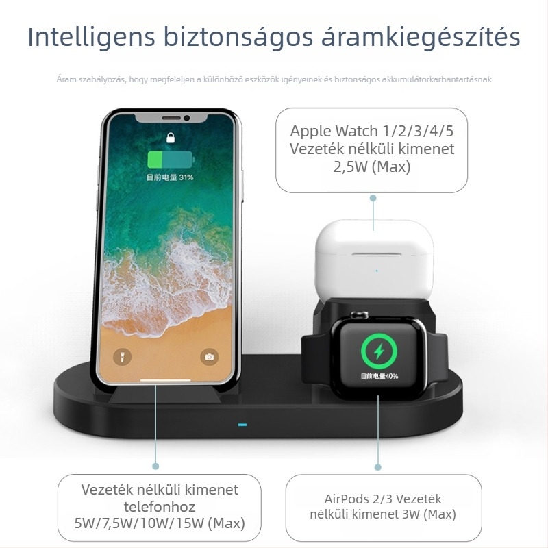 VICH 3 az 1-ben vezeték nélküli töltő Apple Watch, AirPods és iPhone-hoz – mágneses gyorstöltés, 20W max, QC 3.0
