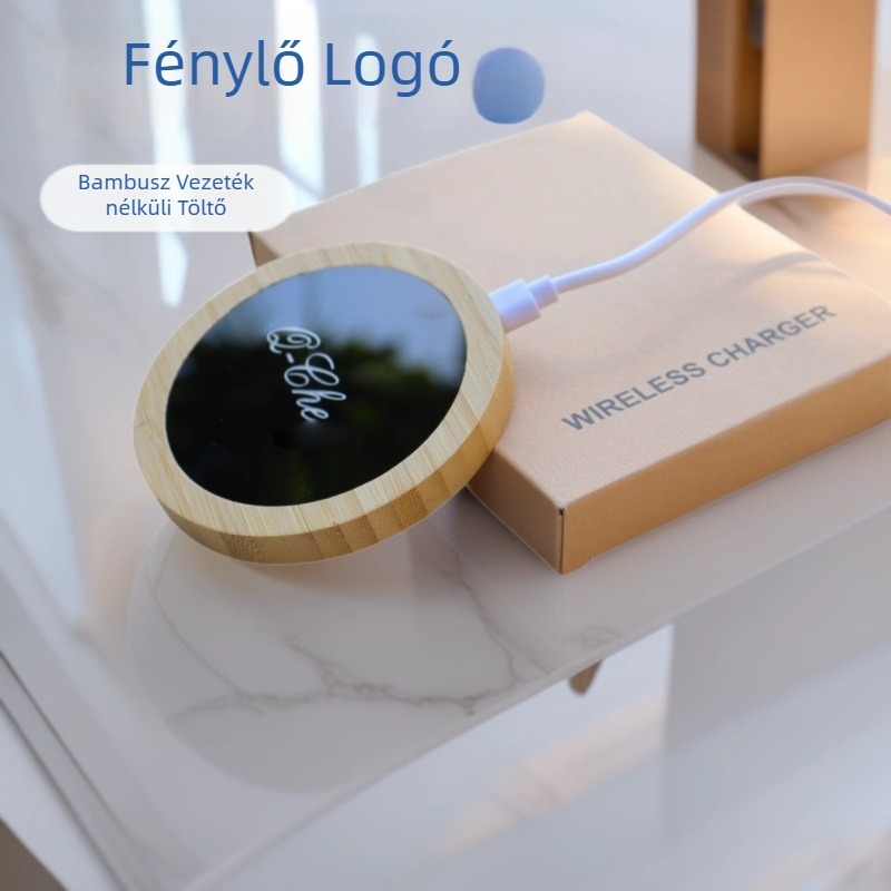 Fényes bambusz vezeték nélküli töltő PD gyors töltéssel, 15W-ig, 2A, Apple és Android készülékekhez