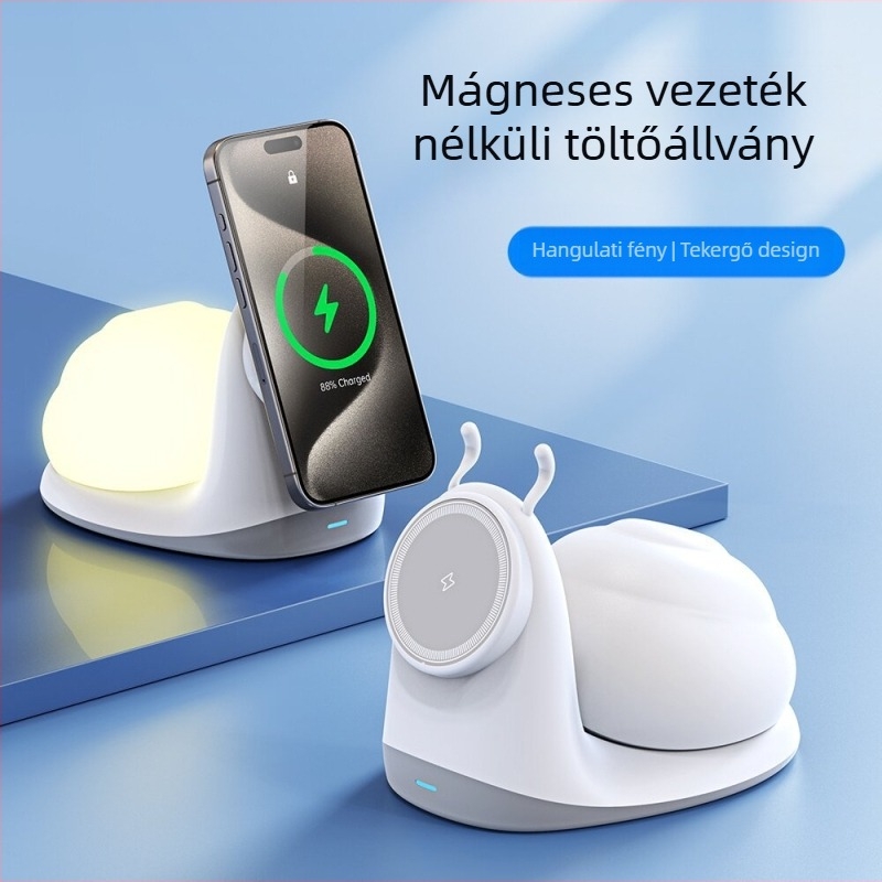 Mágneses vezeték nélküli töltőállvány snail-lámpával - QC 3.0, 9V/3A, 15W, állványos töltő