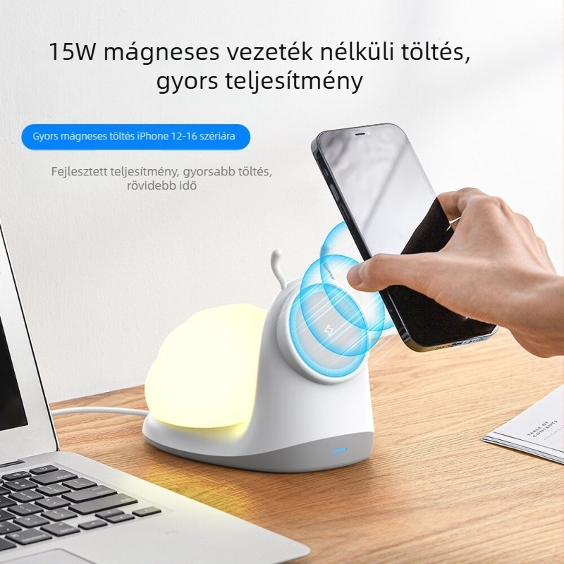 Mágneses vezeték nélküli töltőállvány snail-lámpával - QC 3.0, 9V/3A, 15W, állványos töltő