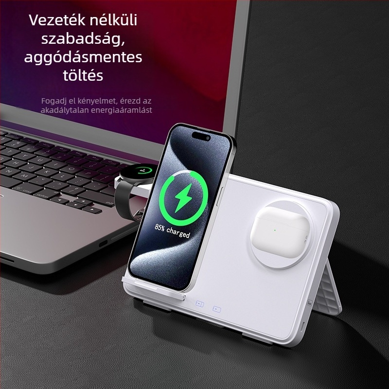 3 az 1-ben vezeték nélküli töltő iPhone-ra, Apple Watch-ra és AirPods-ra - 33W teljesítmény, kettős 15W telefon töltés, 2,5W fejhallgató, QC3.0, mágneses töltés