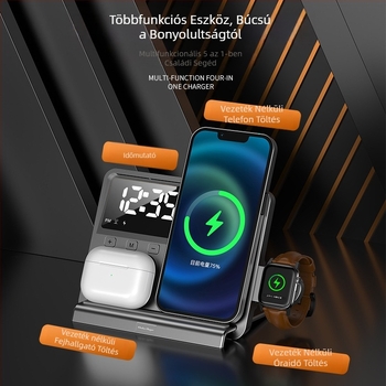 Öt-az-egyben mágneses vezeték nélküli töltő iPhone-ra, Apple Watch-ra és AirPods-ra, digitális órakijelzővel és környezeti fénnyel; 15W maximális teljesítmény; QC3.0 gyors töltés