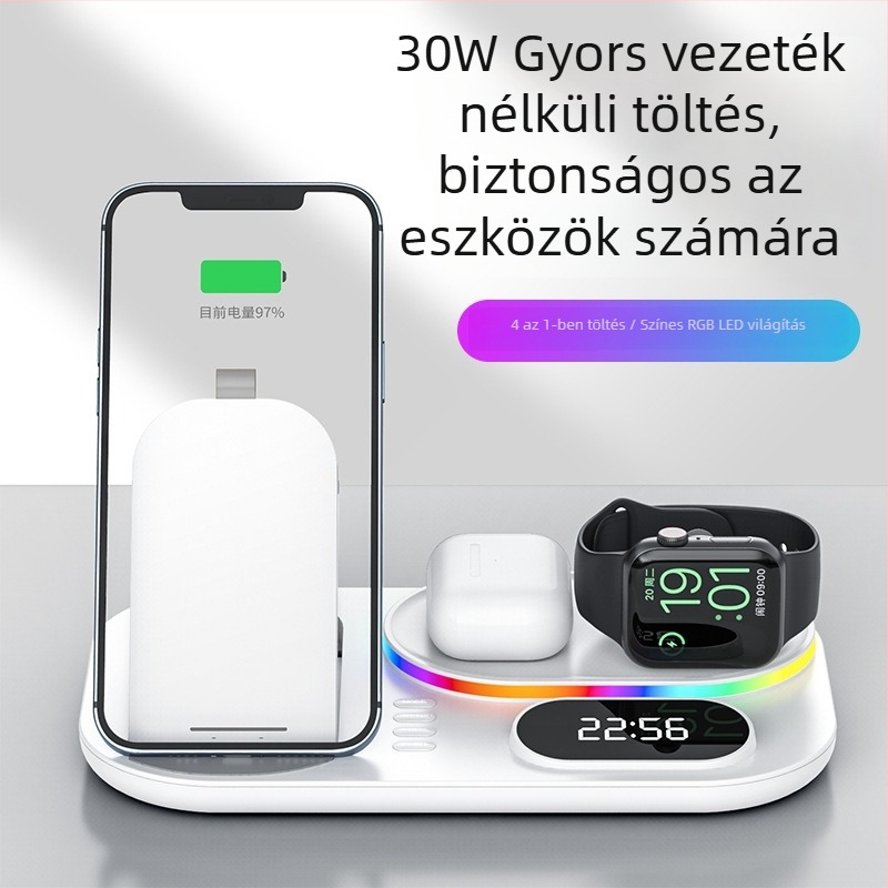 Xjcx Xiajiang Innovation 3 az 1-ben vezeték nélküli töltő Apple iPhone és Apple Watch Series 1–7 – 30W alap, mágneses töltés, digitális kijelző, Type-C, QC4.0