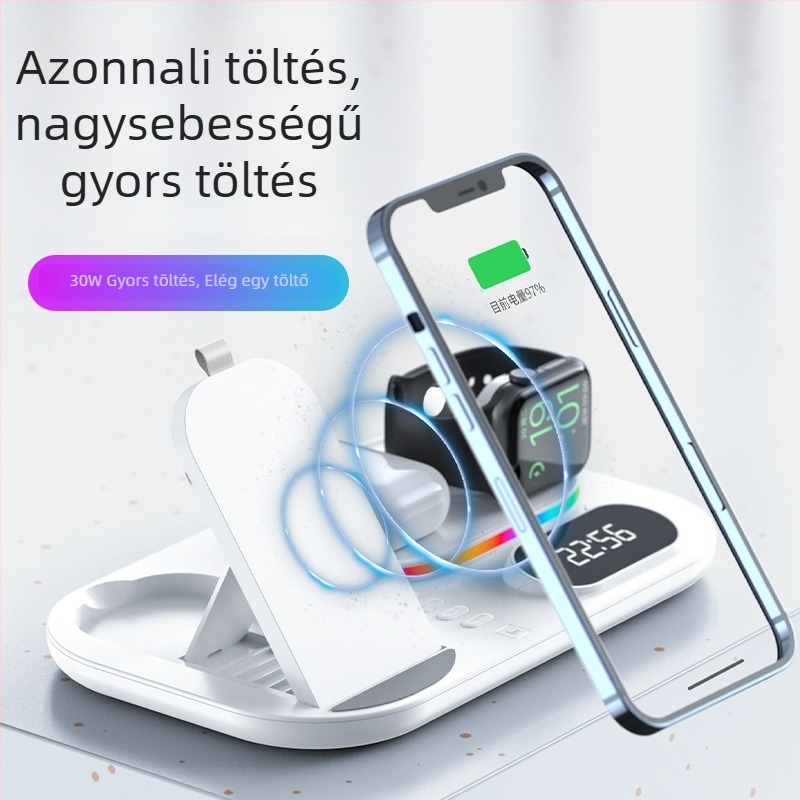 Xjcx Xiajiang Innovation 3 az 1-ben vezeték nélküli töltő Apple iPhone és Apple Watch Series 1–7 – 30W alap, mágneses töltés, digitális kijelző, Type-C, QC4.0