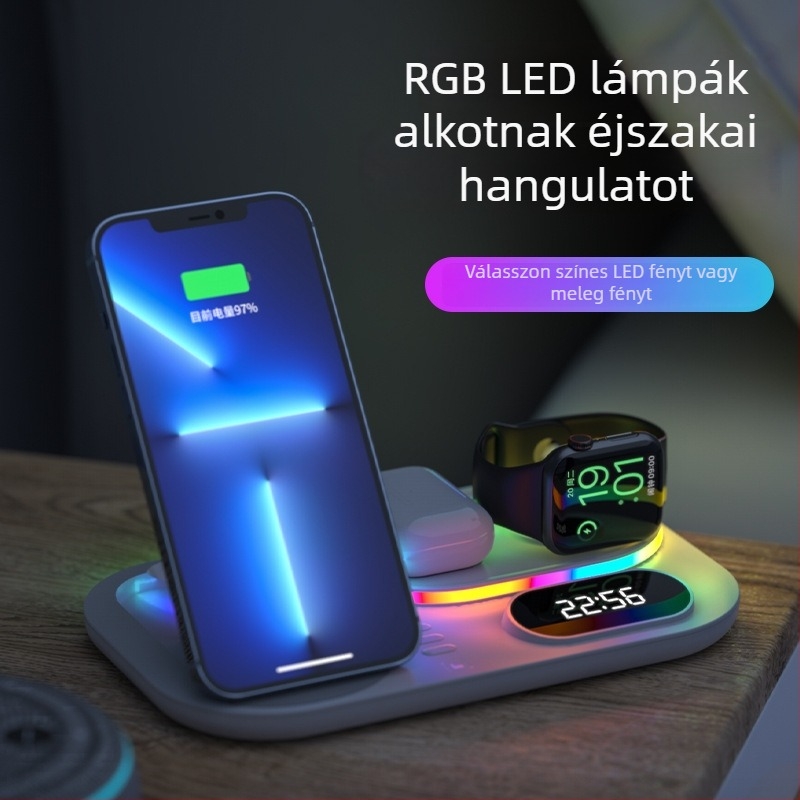 Xjcx Xiajiang Innovation 3 az 1-ben vezeték nélküli töltő Apple iPhone és Apple Watch Series 1–7 – 30W alap, mágneses töltés, digitális kijelző, Type-C, QC4.0