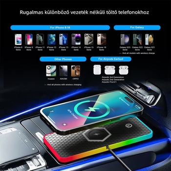 Autóba szerelhető vezeték nélküli töltő telefonhoz RGB LED környezeti fénnyel és csúszásmentes alátéttel — maximális kimenet 15W, QC 3.0, 2A kimenet