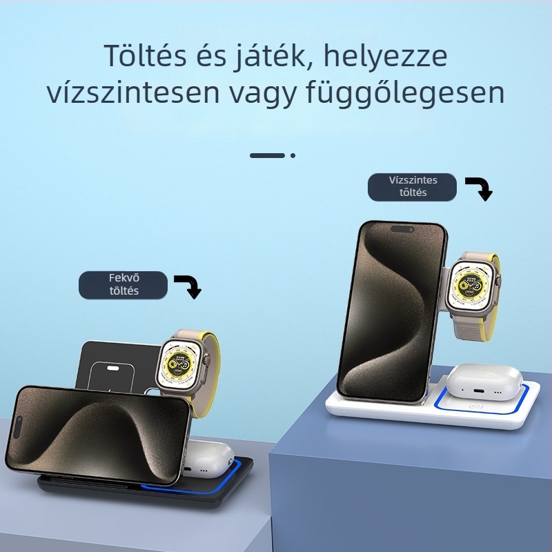 Három az egyben vezeték nélküli töltő – függőleges asztali tartó, Qi 3.0, mágneses töltés, 15W maximum, 2A kimenet