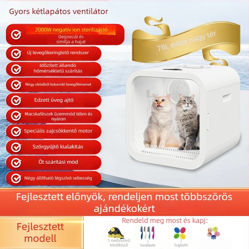 Háziállat szárítódoboz hajszárítóval, DC motor, 220V, 1000W alatt, közepes-nagy modell